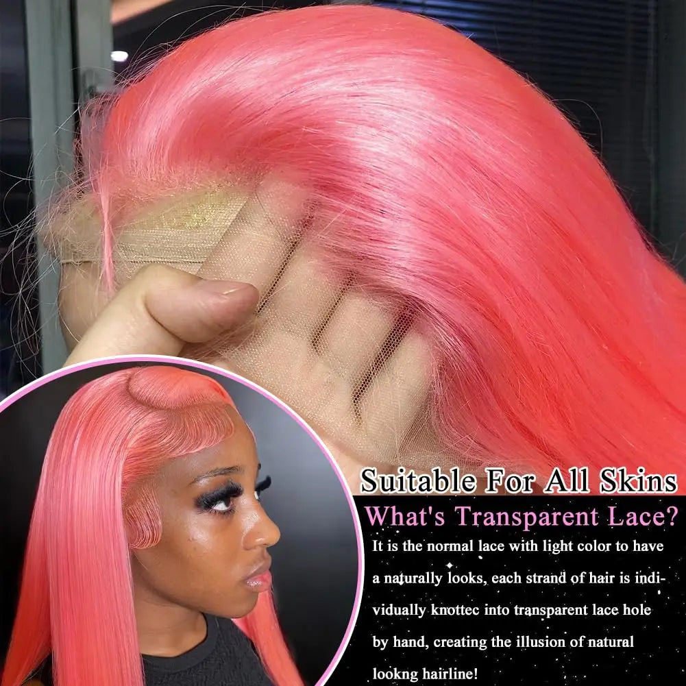 36 Inch Light Pink Human Hair Pre Plucked 13x4 HD Transparent Lace Front Wigs 100% Brazilian Straight Human Hair Wig For Women