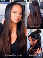 Nadula Ombre Brown Color Yaki Straight V Part Wig No Glue Begginer Friendly V Shape Part Human Hair Wig Begginer Friendly