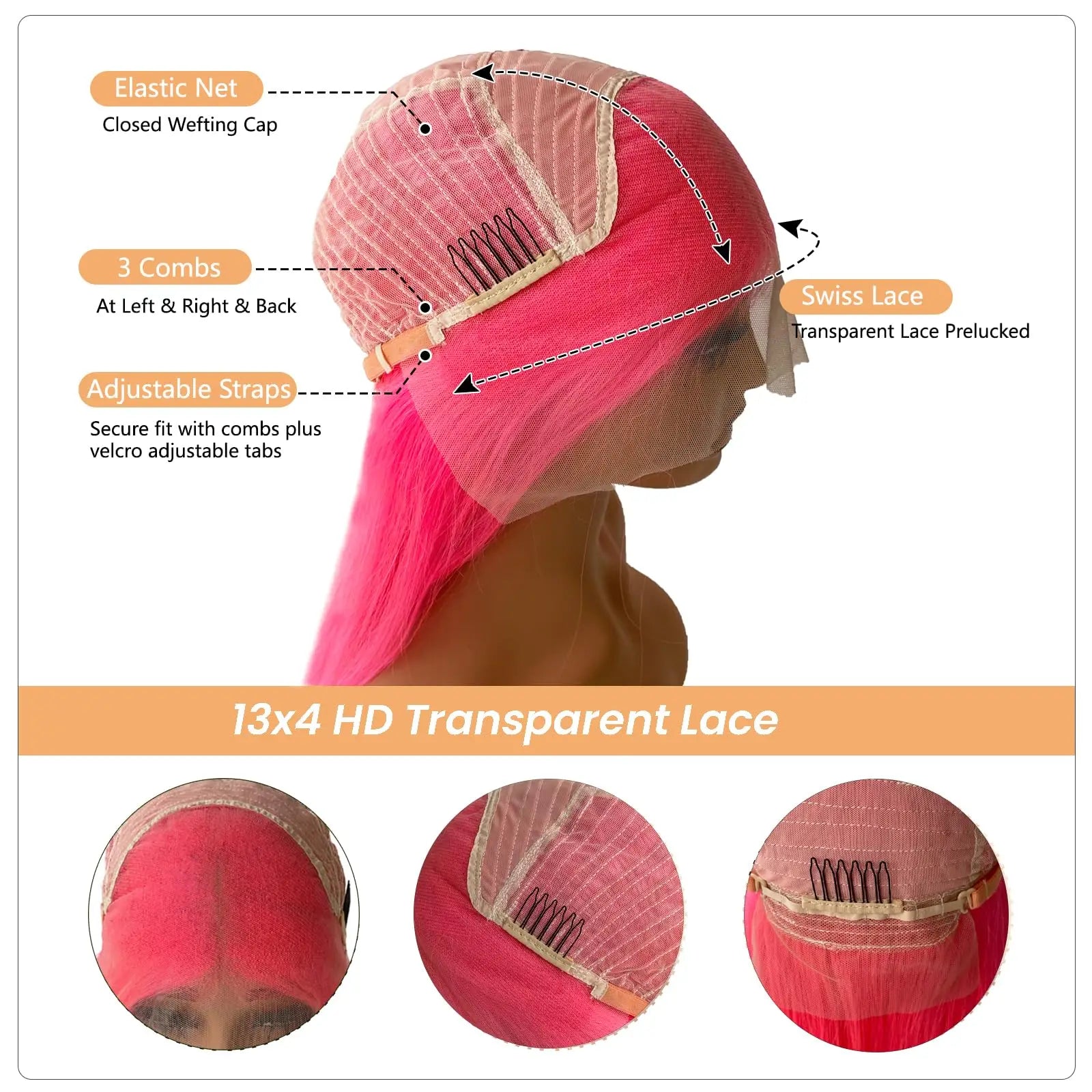 36 Inch Light Pink Human Hair Pre Plucked 13x4 HD Transparent Lace Front Wigs 100% Brazilian Straight Human Hair Wig For Women