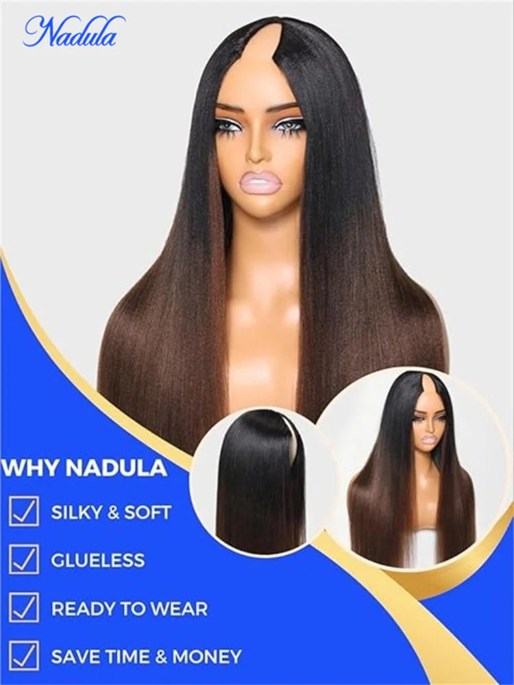 Nadula Ombre Brown Color Yaki Straight V Part Wig No Glue Begginer Friendly V Shape Part Human Hair Wig Begginer Friendly