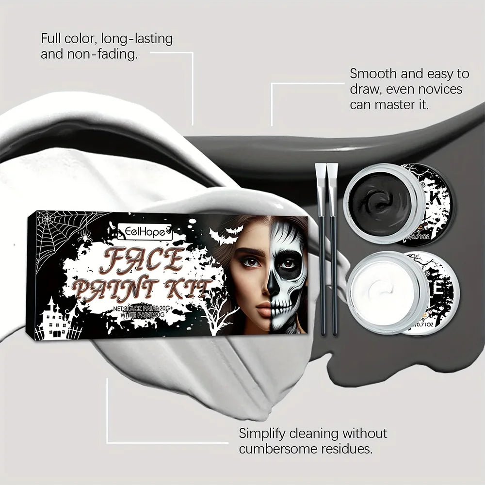 Halloween Face Body Paint Kit - Black & White Long-Lasting Makeup Set with Brushes for Festive Party, Cosplay & Carnival Events