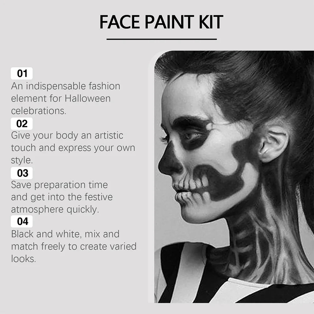 Halloween Face Body Paint Kit - Black & White Long-Lasting Makeup Set with Brushes for Festive Party, Cosplay & Carnival Events