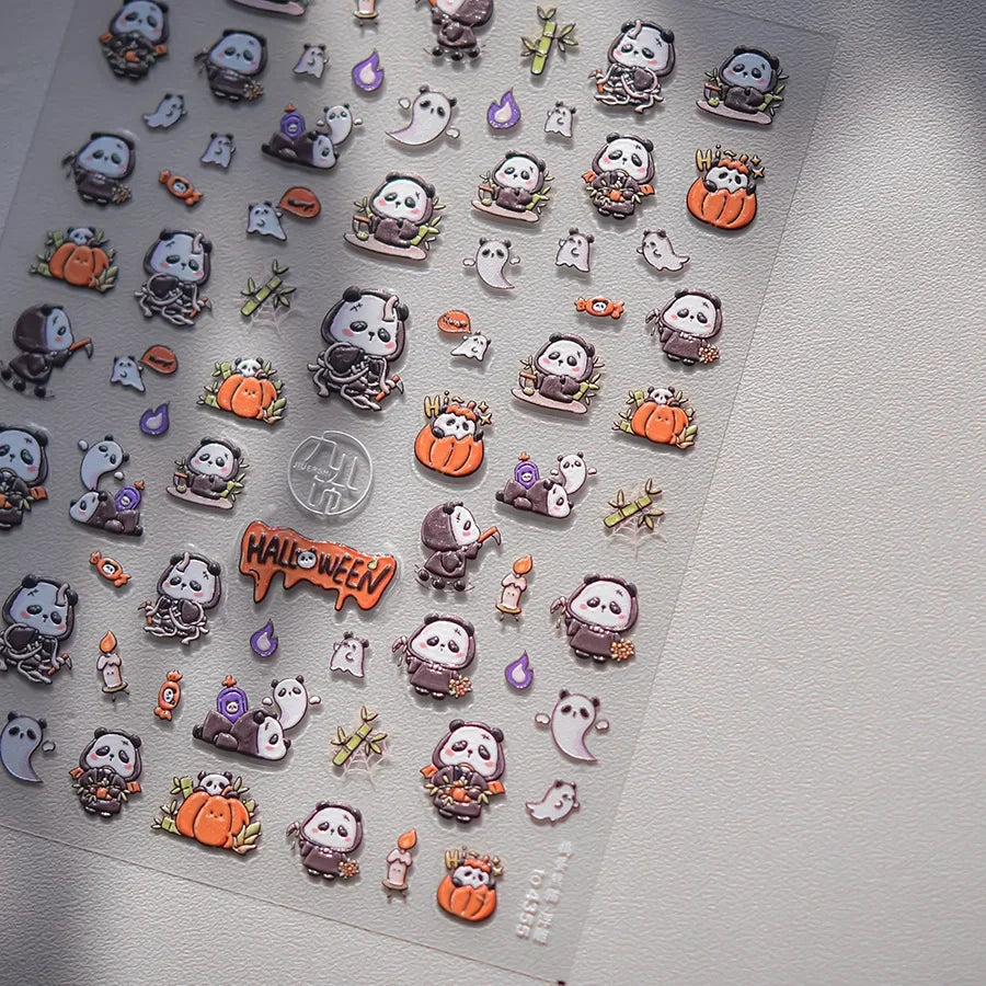 Halloween 5D Nail Art Stickers Sweet Pink Heart-Shaped Pumpkins Black Cat Bat Flocks Ghosts Skeleton Manicure Decal for Girls