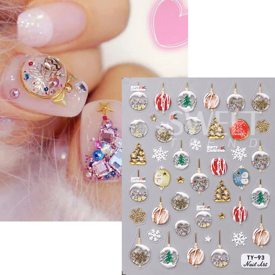 5D Christmas Embossed Nail Stickers Gold White Snowflakes Christmas Tree Snowman Nail Decals New Year DIY Manicure Decoration