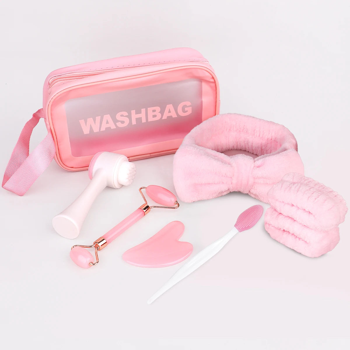 8-piece facial care set, deep cleaning and gentle exfoliating SPA mask such as soft plush hair band and wrist washing brush.