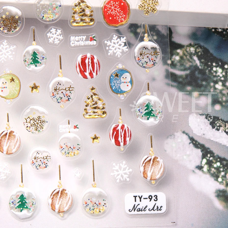 5D Christmas Embossed Nail Stickers Gold White Snowflakes Christmas Tree Snowman Nail Decals New Year DIY Manicure Decoration