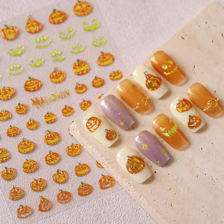 Halloween 5D Nail Art Stickers Sweet Pink Heart-Shaped Pumpkins Black Cat Bat Flocks Ghosts Skeleton Manicure Decal for Girls