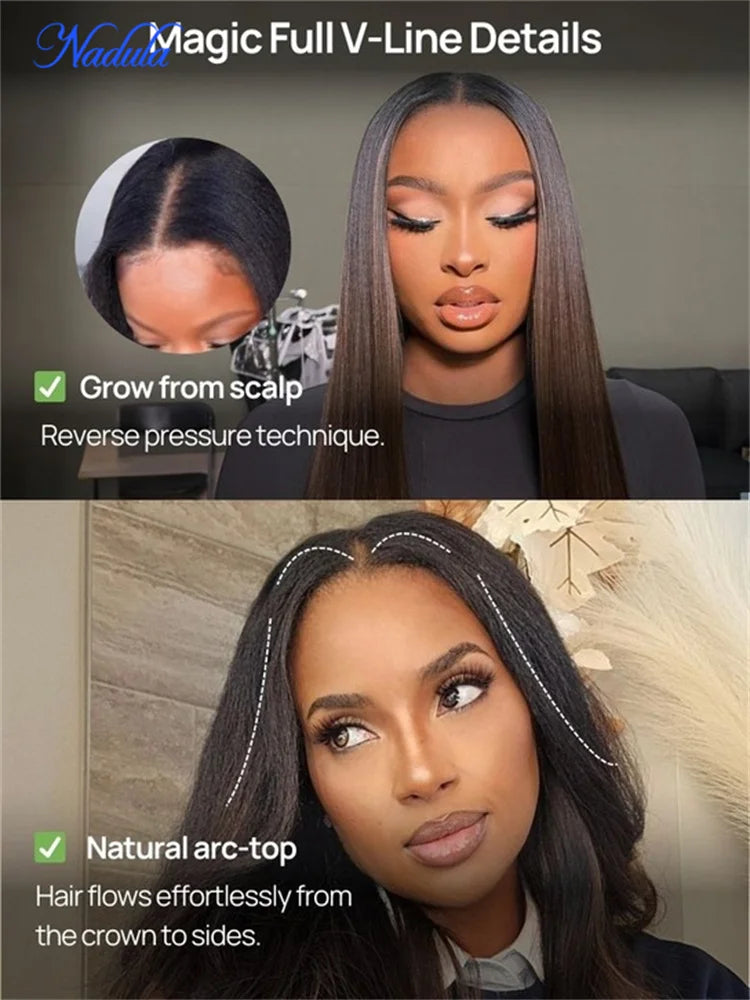Nadula Ombre Brown Color Yaki Straight V Part Wig No Glue Begginer Friendly V Shape Part Human Hair Wig Begginer Friendly