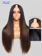 Nadula Ombre Brown Color Yaki Straight V Part Wig No Glue Begginer Friendly V Shape Part Human Hair Wig Begginer Friendly