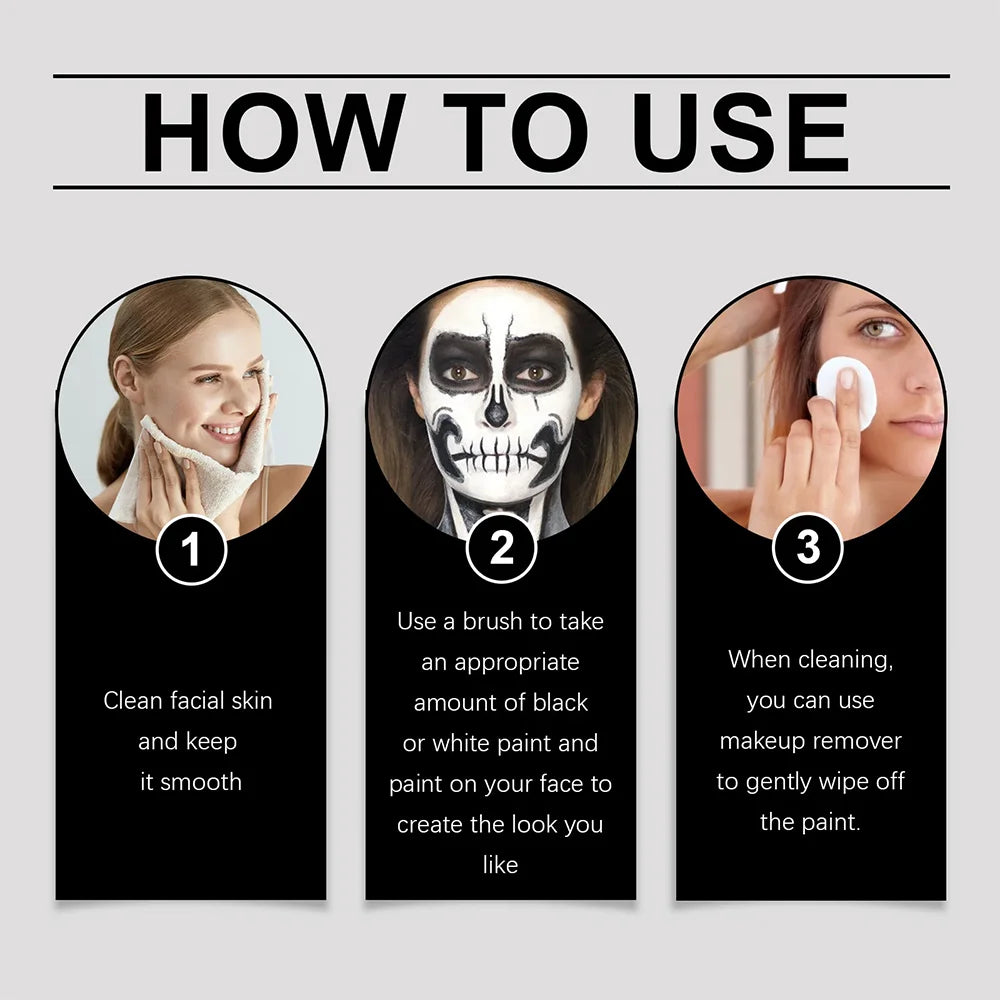 Halloween Face Body Paint Kit - Black & White Long-Lasting Makeup Set with Brushes for Festive Party, Cosplay & Carnival Events