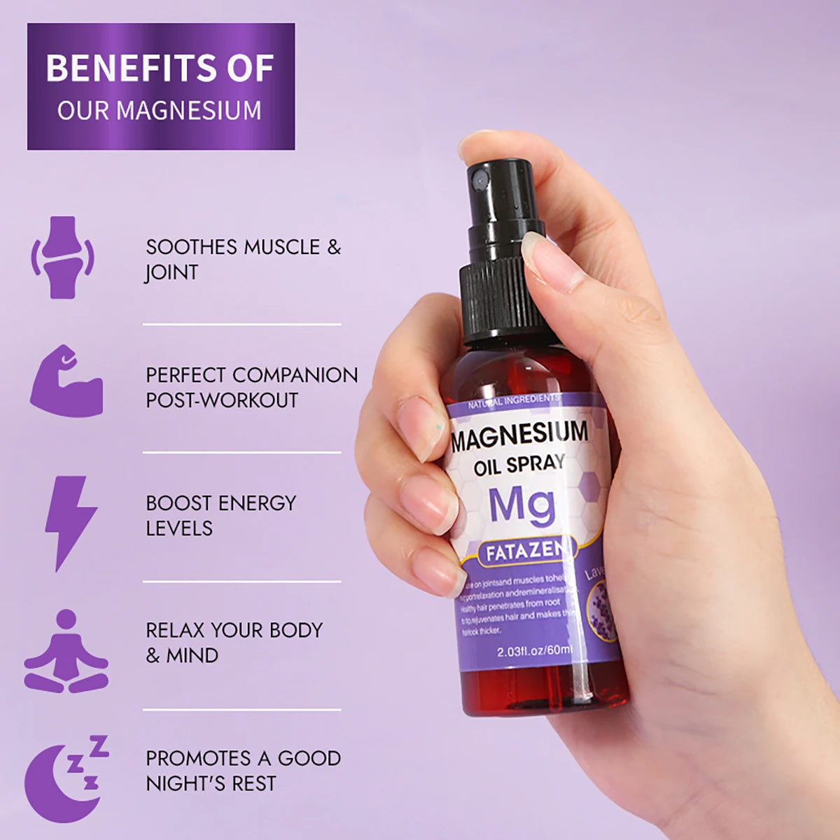 60ml/Bottle Lavender Magnesium Oil Spray, Refreshing and Non Greasy Body Relaxation Spray, Suitable for Summer Sport Daily Use
