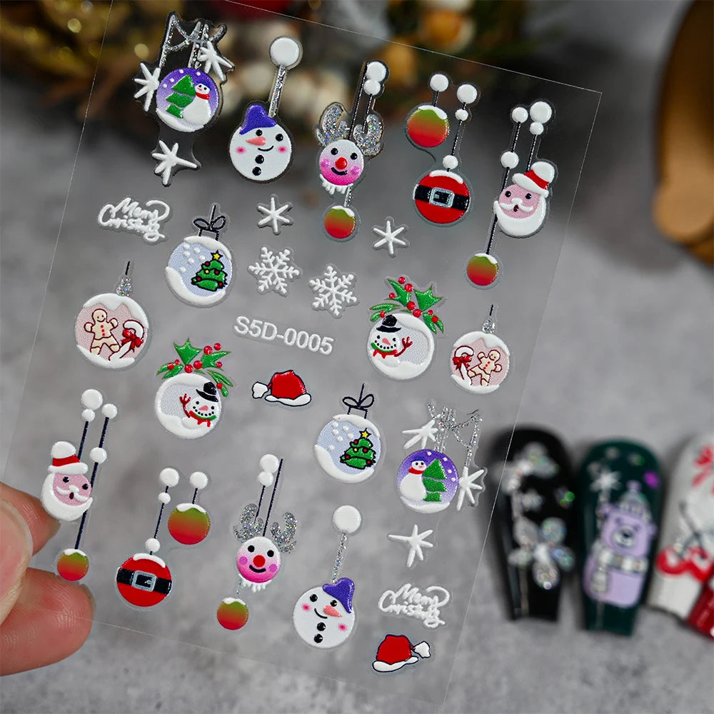 1/2PC 5D Christmas Santa Claus Elk Nail Art Stickers Snowflake New Year Cartoon Nail Decor Decals Xmas Adhesive Manicure Sliders