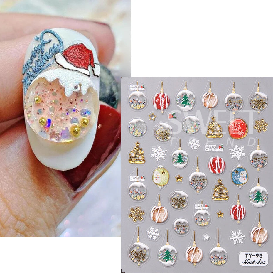 5D Christmas Embossed Nail Stickers Gold White Snowflakes Christmas Tree Snowman Nail Decals New Year DIY Manicure Decoration