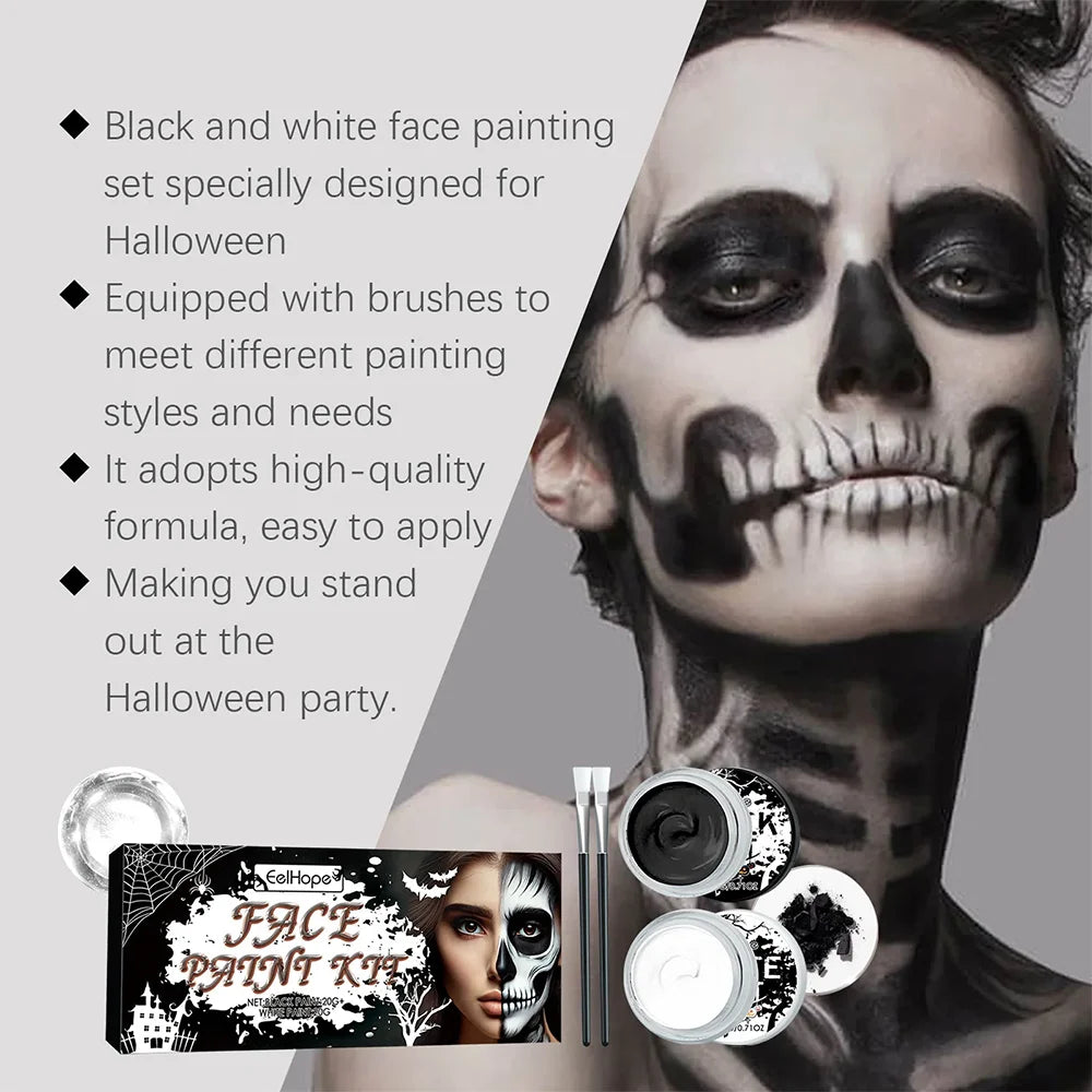 Halloween Face Body Paint Kit - Black & White Long-Lasting Makeup Set with Brushes for Festive Party, Cosplay & Carnival Events