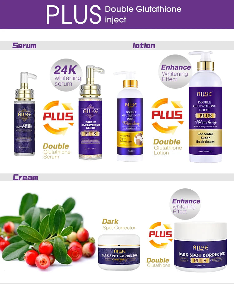 AILKE Glutathione PLUS Bleaching Skin Care Set, Moisturizing, Even Skin Tone, Improve Dark and Black Skin, Reduce Spots