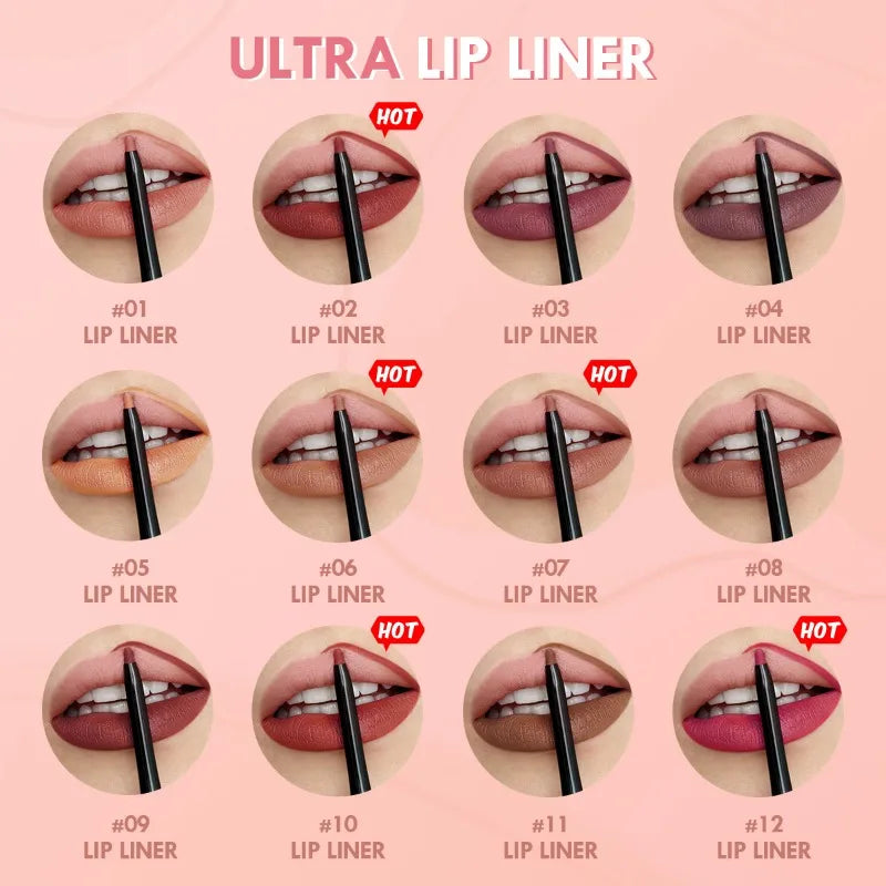 12-Color Matte Lipliner - Waterproof, Moisturizing, Long-Lasting & Non-Stick, Perfect for All Skin Types