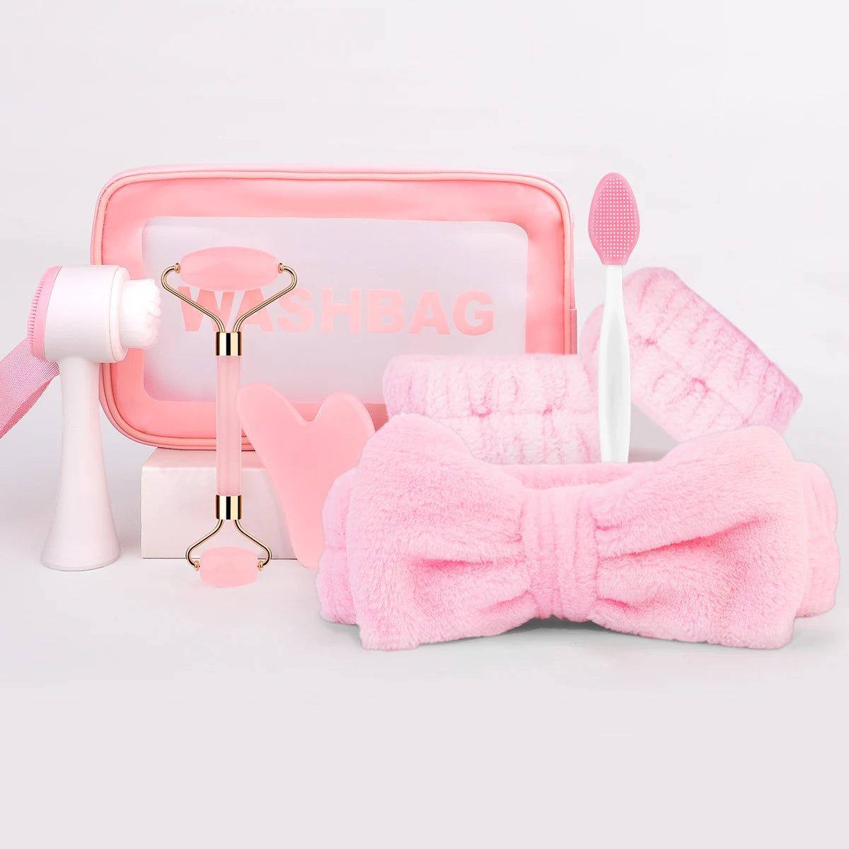 8-piece facial care set, deep cleaning and gentle exfoliating SPA mask such as soft plush hair band and wrist washing brush.