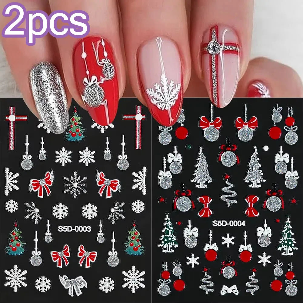 1/2PC 5D Christmas Santa Claus Elk Nail Art Stickers Snowflake New Year Cartoon Nail Decor Decals Xmas Adhesive Manicure Sliders