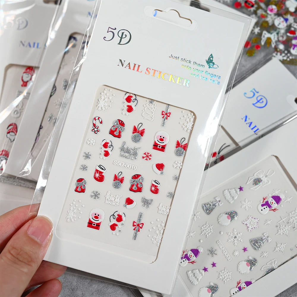 1/2PC 5D Christmas Santa Claus Elk Nail Art Stickers Snowflake New Year Cartoon Nail Decor Decals Xmas Adhesive Manicure Sliders