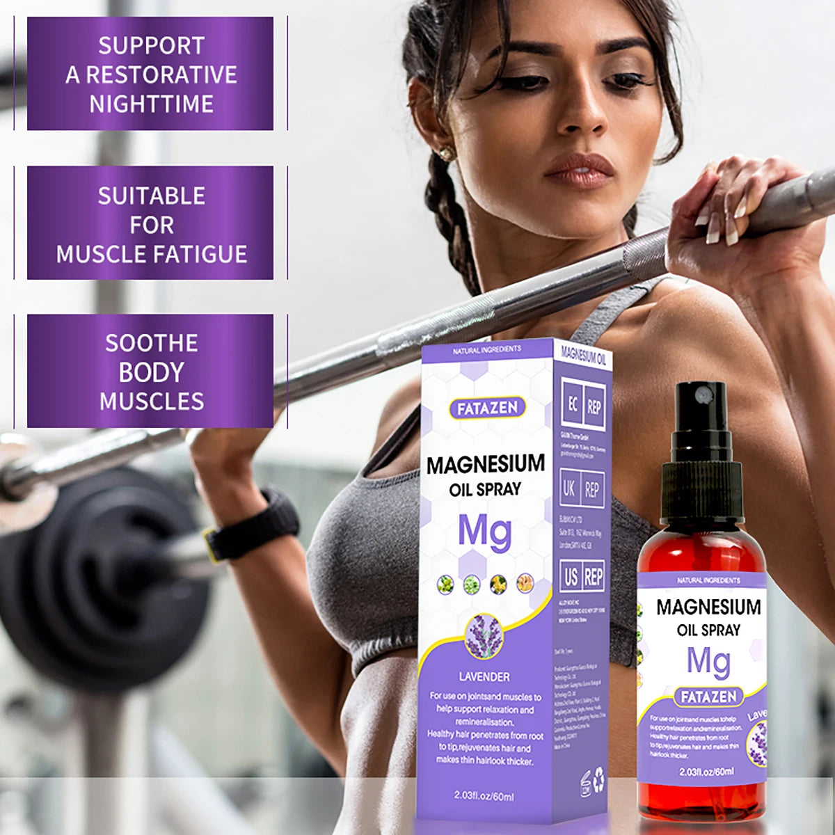 60ml/Bottle Lavender Magnesium Oil Spray, Refreshing and Non Greasy Body Relaxation Spray, Suitable for Summer Sport Daily Use