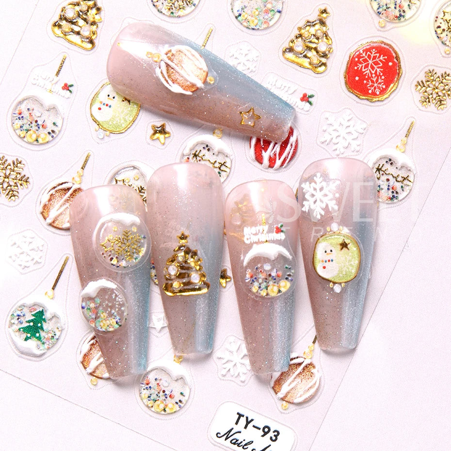 5D Christmas Embossed Nail Stickers Gold White Snowflakes Christmas Tree Snowman Nail Decals New Year DIY Manicure Decoration