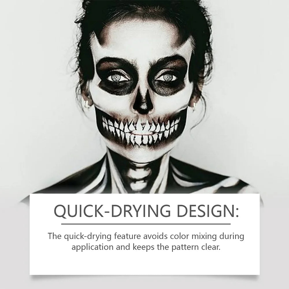 Halloween Face Body Paint Kit - Black & White Long-Lasting Makeup Set with Brushes for Festive Party, Cosplay & Carnival Events