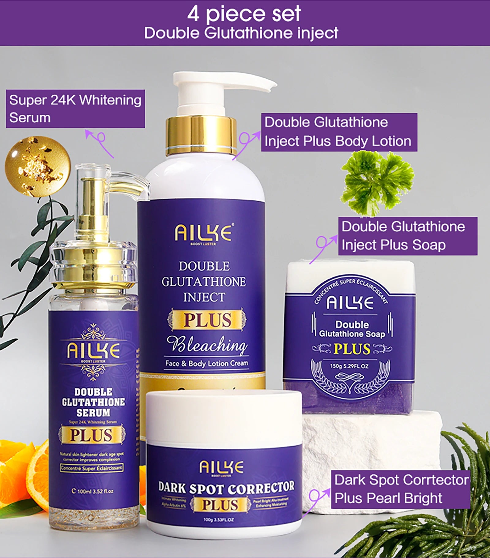 AILKE Glutathione PLUS Bleaching Skin Care Set, Moisturizing, Even Skin Tone, Improve Dark and Black Skin, Reduce Spots