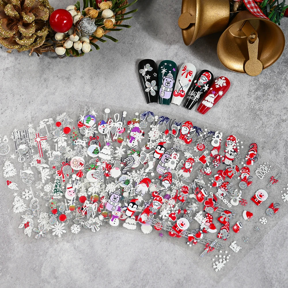 1/2PC 5D Christmas Santa Claus Elk Nail Art Stickers Snowflake New Year Cartoon Nail Decor Decals Xmas Adhesive Manicure Sliders