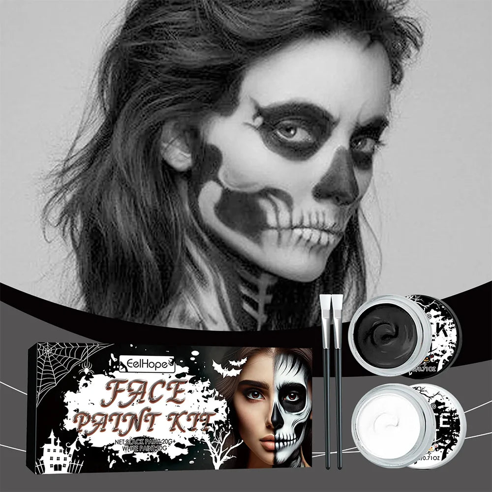 Halloween Face Body Paint Kit - Black & White Long-Lasting Makeup Set with Brushes for Festive Party, Cosplay & Carnival Events