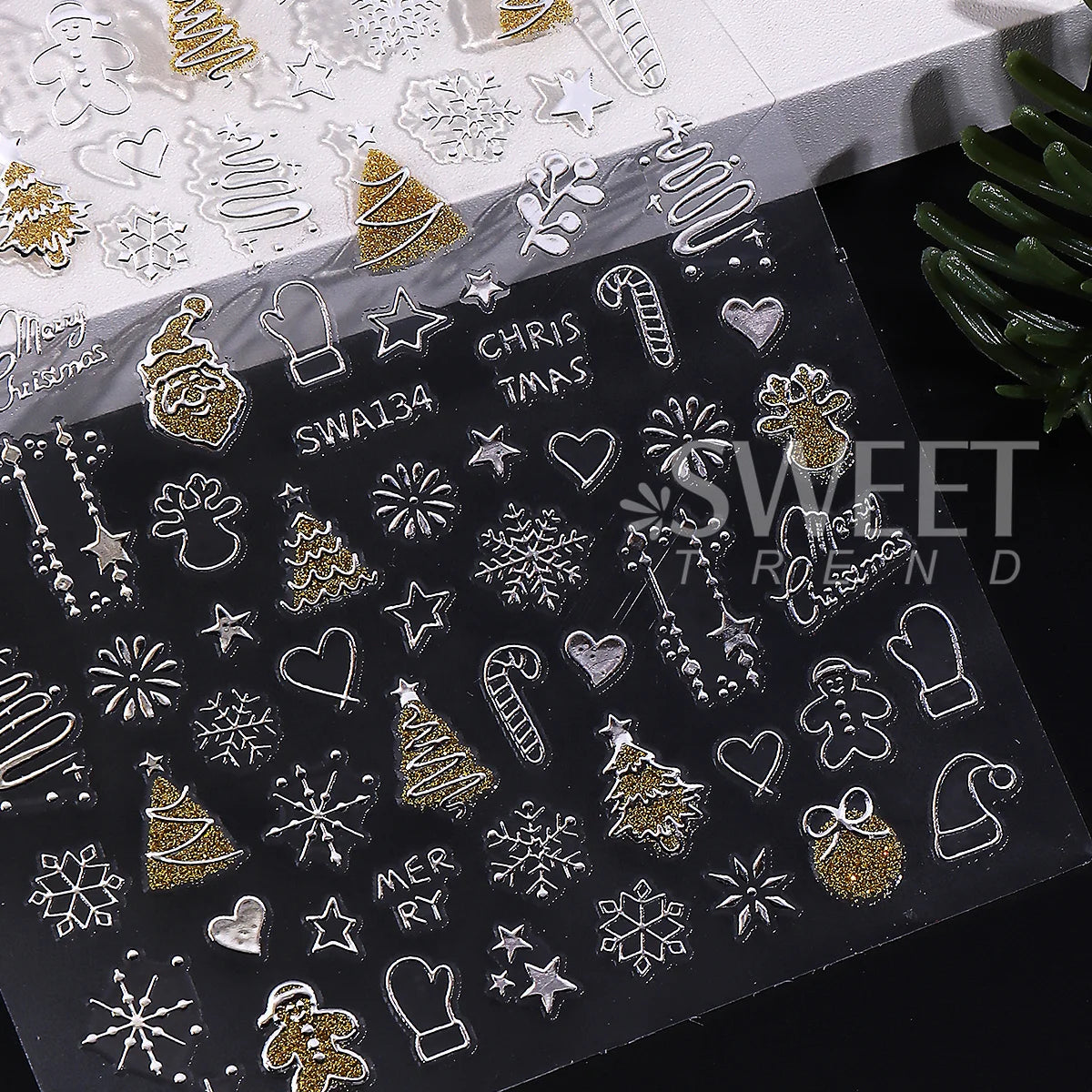 2pcs Gold Silver Christmas 3D Nail Stickers Reflective Glitter Xmas Tree Gingerbread Snowflakes Adhesive Decals Winter Manicure