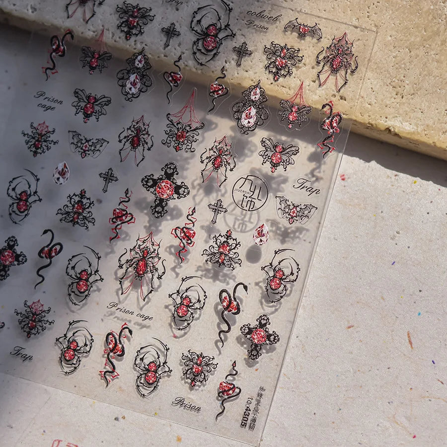 Halloween 5D Nail Art Stickers Sweet Pink Heart-Shaped Pumpkins Black Cat Bat Flocks Ghosts Skeleton Manicure Decal for Girls