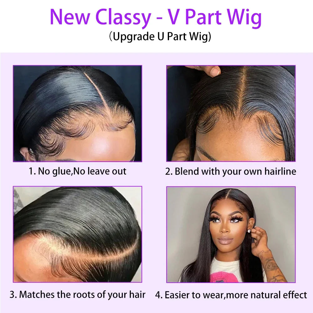 No Glue Straight V Part Wig 100% Human Hair 16-32 Inch Upgraded Wigs 200% Density Remy Hair No Leave Out Side Part Wig For Women