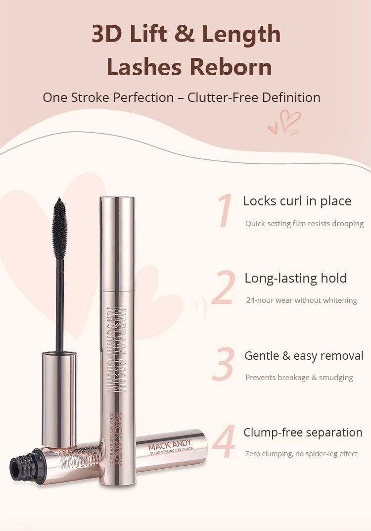 MACKANDY Curling Mascara Volumizing & Lengthening Formula, Buildable, Clump Resistant, Longwear Smudge-Resistant Black Mascara