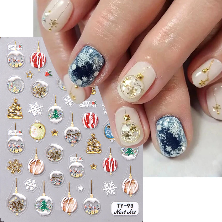 5D Christmas Embossed Nail Stickers Gold White Snowflakes Christmas Tree Snowman Nail Decals New Year DIY Manicure Decoration