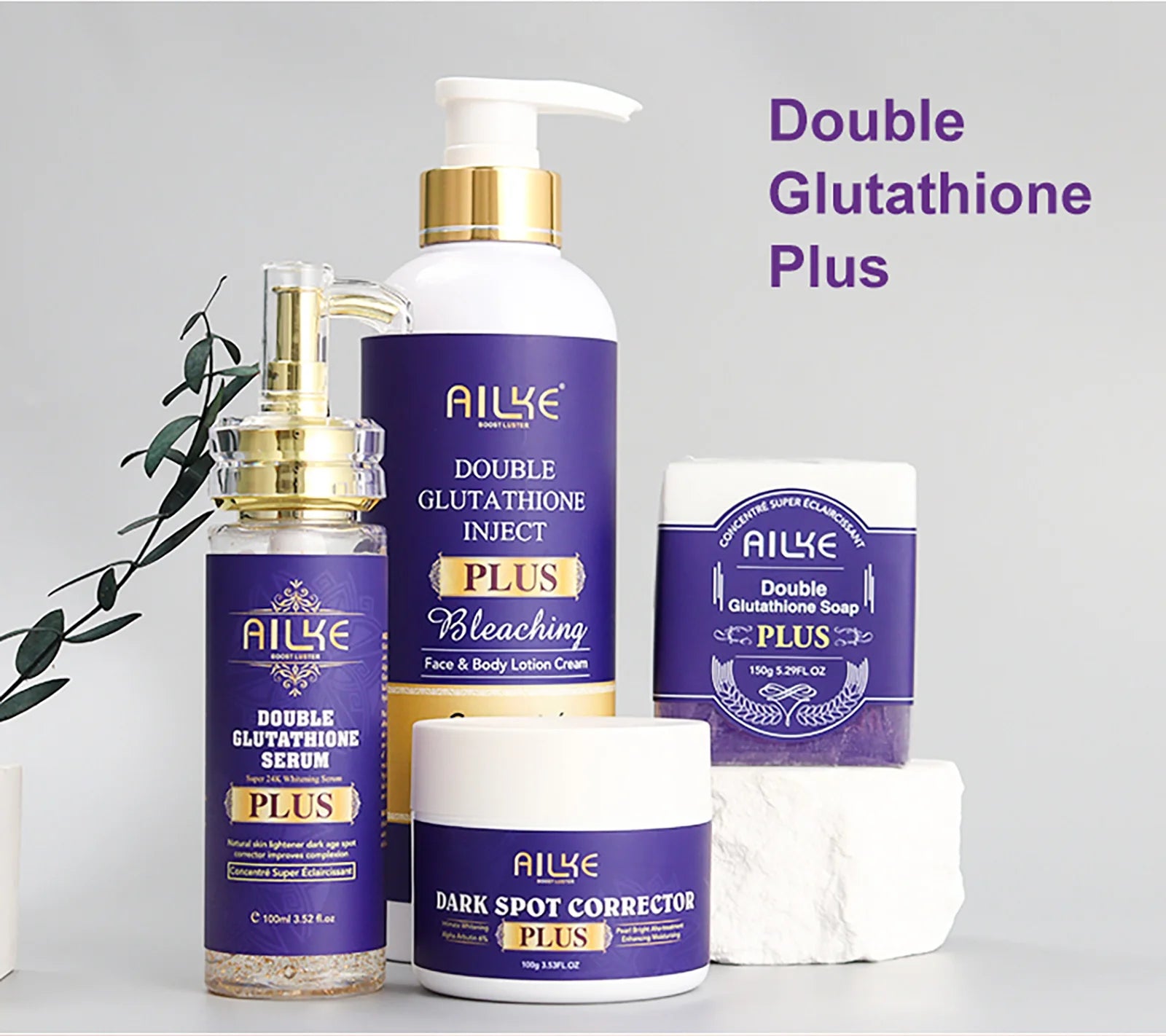 AILKE Glutathione PLUS Bleaching Skin Care Set, Moisturizing, Even Skin Tone, Improve Dark and Black Skin, Reduce Spots