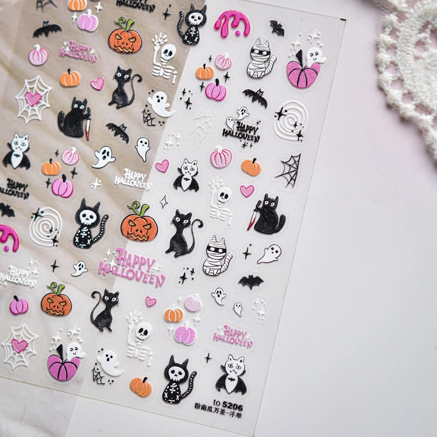 Halloween 5D Nail Art Stickers Sweet Pink Heart-Shaped Pumpkins Black Cat Bat Flocks Ghosts Skeleton Manicure Decal for Girls
