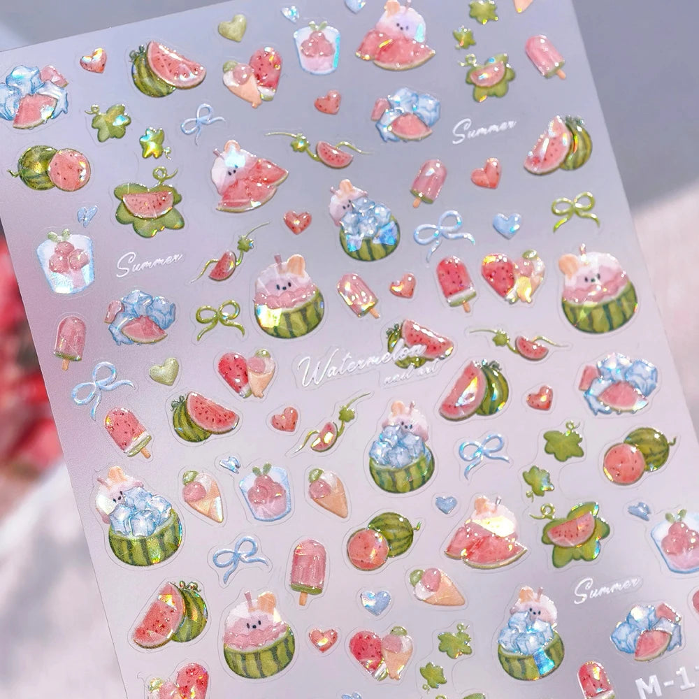 Halloween 5D Nail Art Stickers Sweet Pink Heart-Shaped Pumpkins Black Cat Bat Flocks Ghosts Skeleton Manicure Decal for Girls