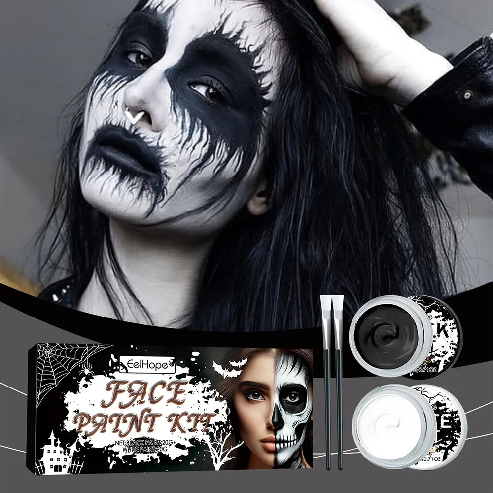 Halloween Face Body Paint Kit - Black & White Long-Lasting Makeup Set with Brushes for Festive Party, Cosplay & Carnival Events