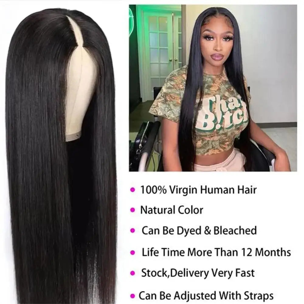No Glue Straight V Part Wig 100% Human Hair 16-32 Inch Upgraded Wigs 200% Density Remy Hair No Leave Out Side Part Wig For Women