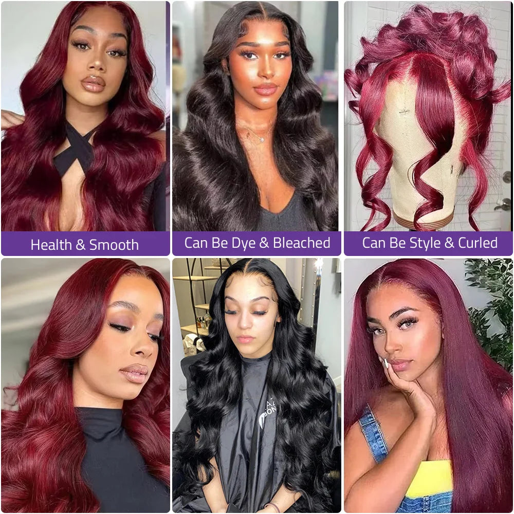 100%  Human Hair Wigs 99J Body Wave wigs 13x4 13x6 HD Lace Frontal Wigs  200 Density Transparent Lace Wigs Suit Any Color Skin .