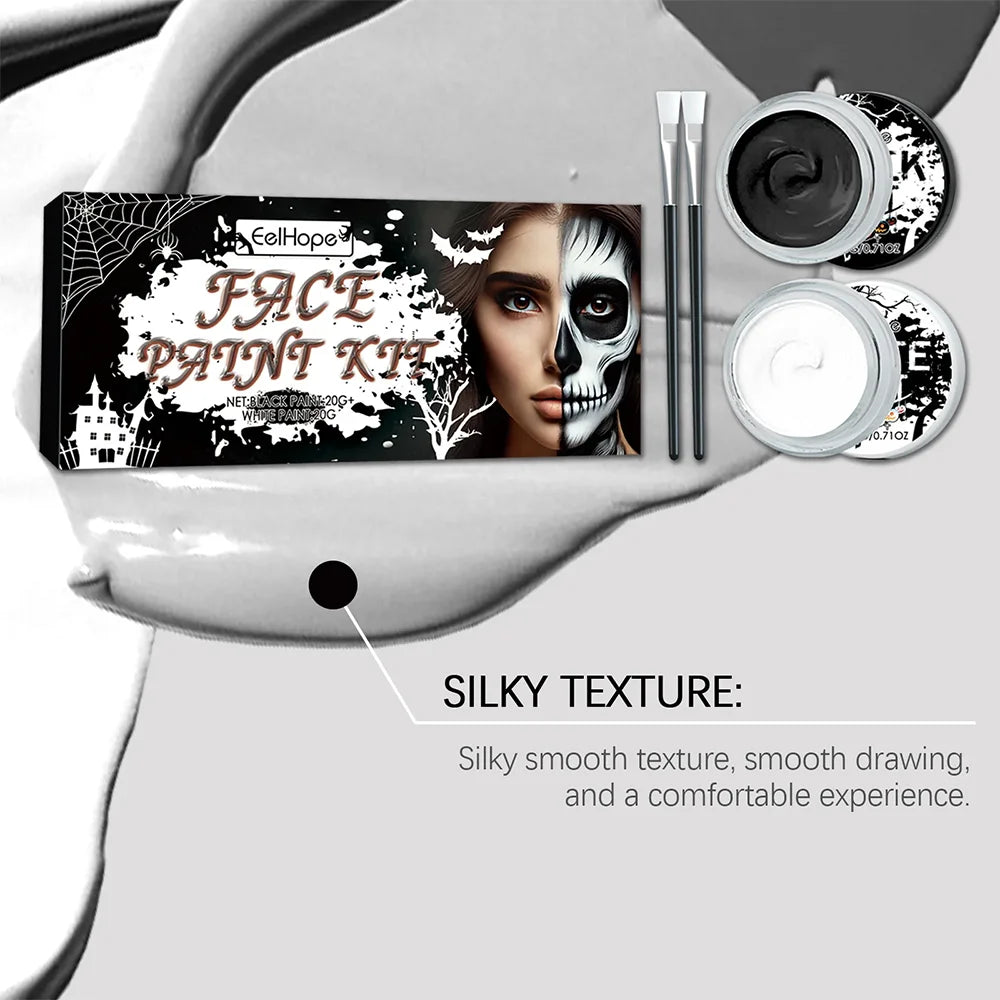 Halloween Face Body Paint Kit - Black & White Long-Lasting Makeup Set with Brushes for Festive Party, Cosplay & Carnival Events