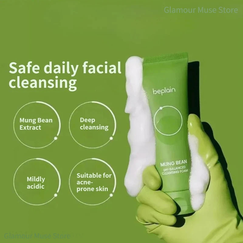 Korean Skincare Products BEPLAIN Mung Bean Pore Serum,Deep Cleansing Foam,facial Pore Remover Clay Mask and Makeup Remover Oil