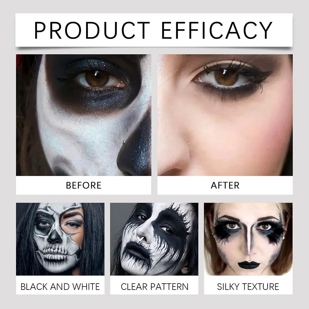 Halloween Face Body Paint Kit - Black & White Long-Lasting Makeup Set with Brushes for Festive Party, Cosplay & Carnival Events