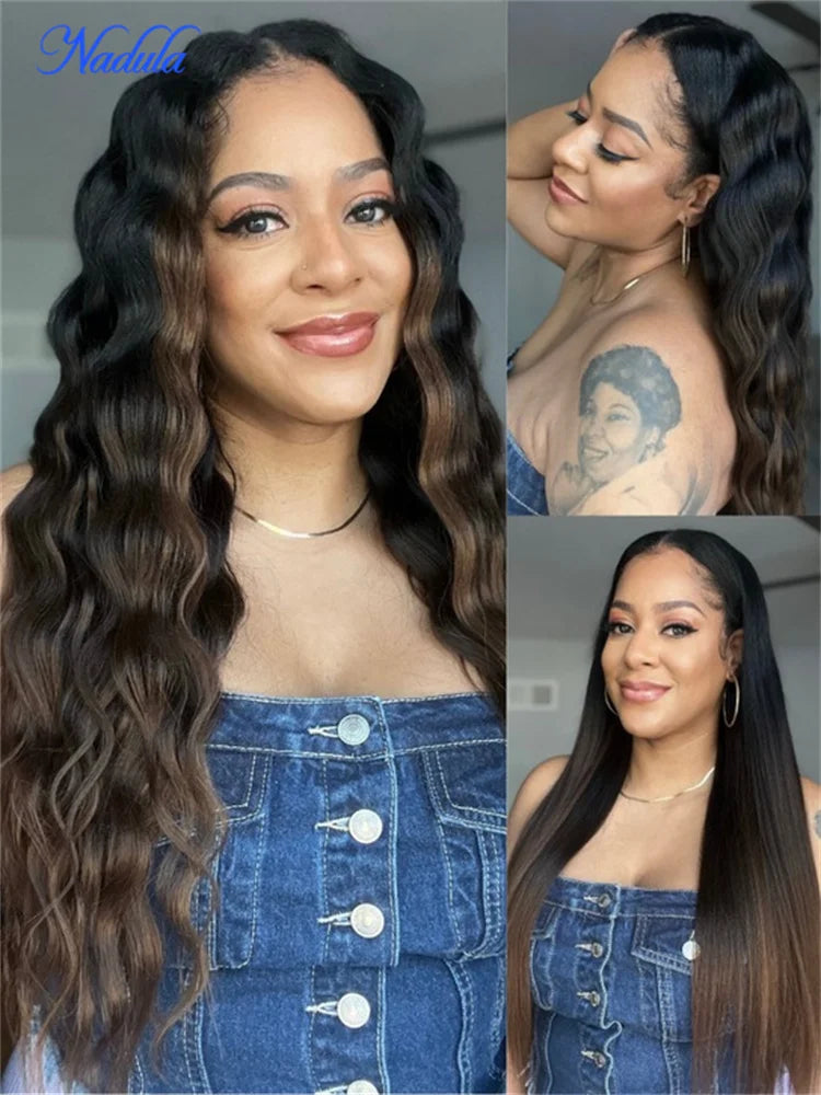 Nadula Ombre Brown Color Yaki Straight V Part Wig No Glue Begginer Friendly V Shape Part Human Hair Wig Begginer Friendly