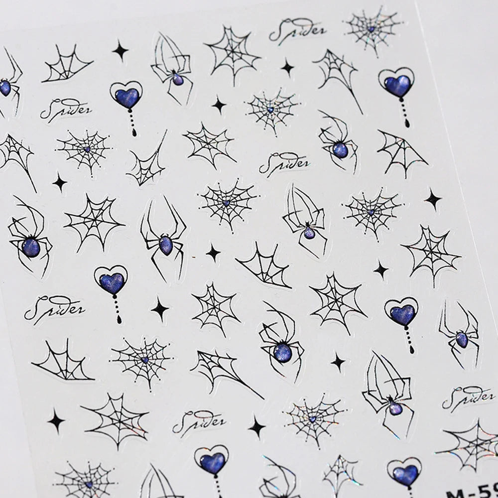 Halloween 5D Nail Art Stickers Sweet Pink Heart-Shaped Pumpkins Black Cat Bat Flocks Ghosts Skeleton Manicure Decal for Girls