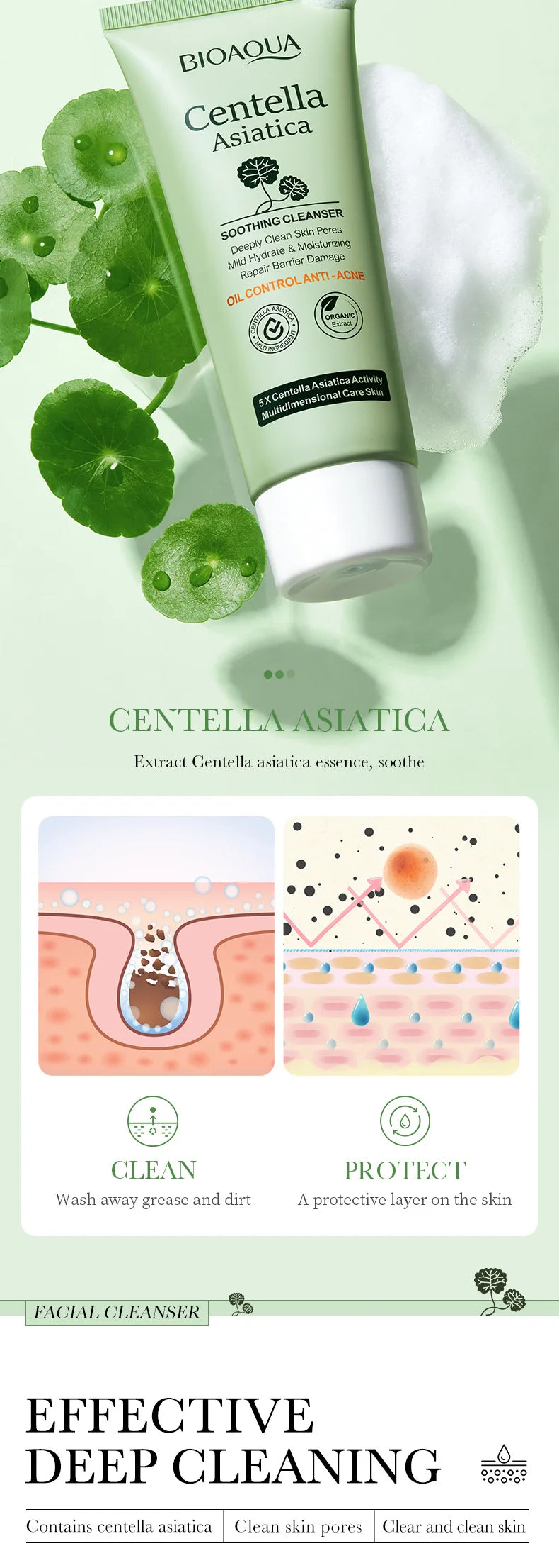 BIOAQUA Centella Asiatica Facial Cleanser Moisturizing Oil Control Face Cleansing Face Wash Foam Facial Cleanser Skin Care