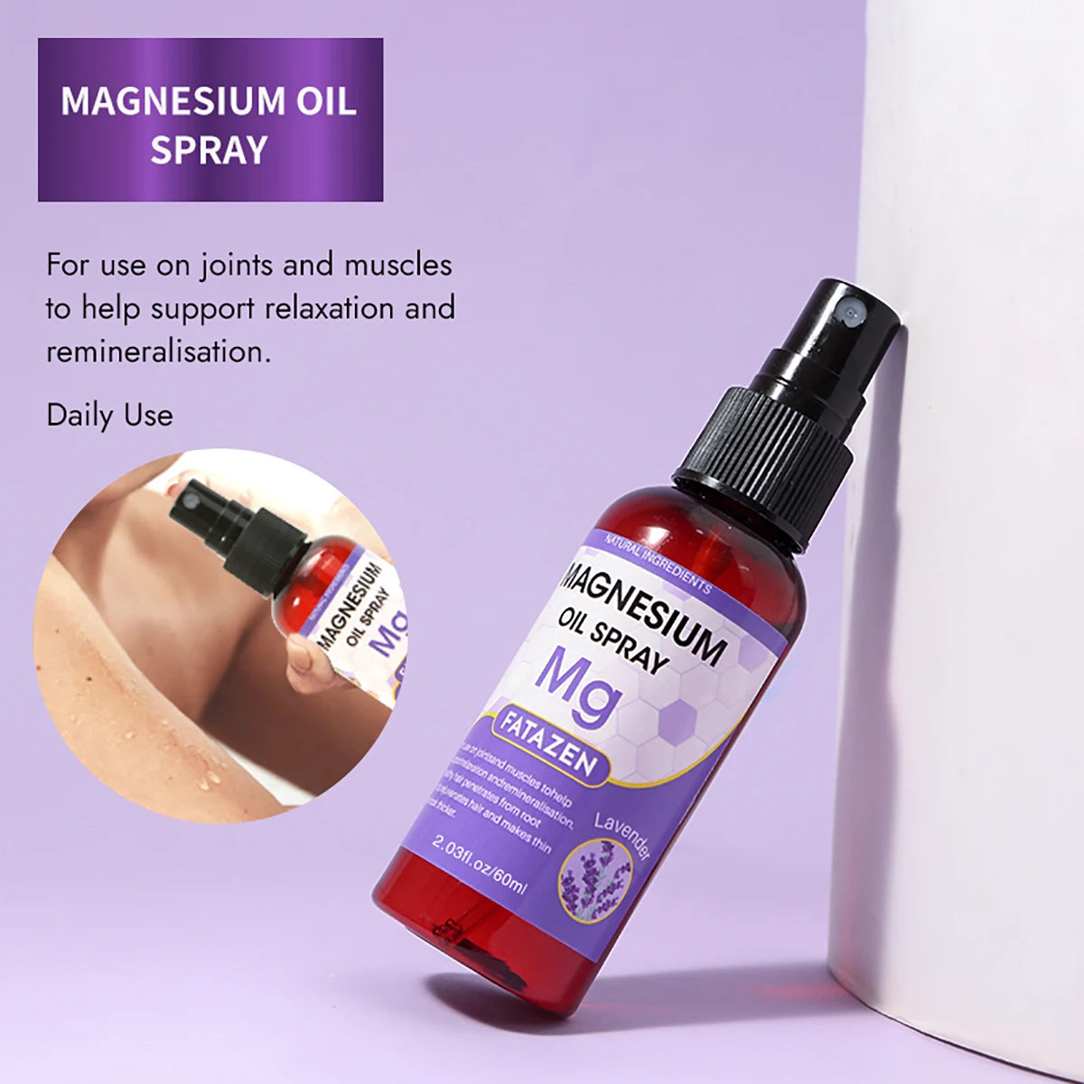 60ml/Bottle Lavender Magnesium Oil Spray, Refreshing and Non Greasy Body Relaxation Spray, Suitable for Summer Sport Daily Use