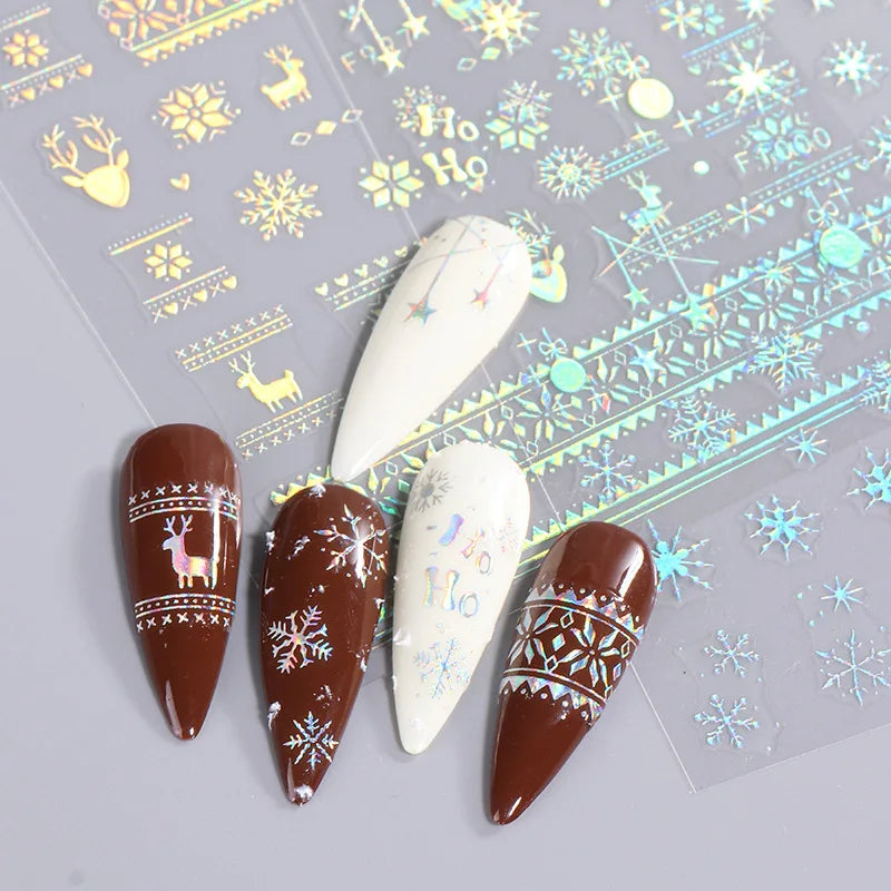 1PCS 3D Laser Snowflake Snowman Nail Stickers Winter Christmas Nail Art Decoration Gold Silver Christmas Tree Nail Art Stickers