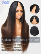 Nadula Ombre Brown Color Yaki Straight V Part Wig No Glue Begginer Friendly V Shape Part Human Hair Wig Begginer Friendly