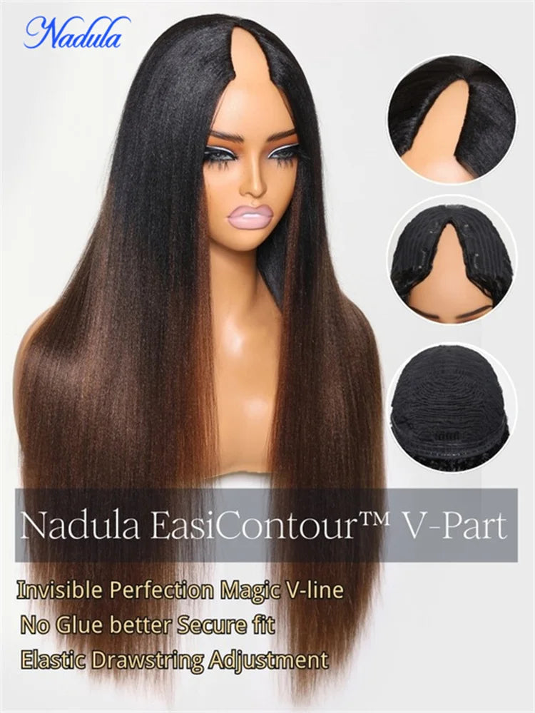 Nadula Ombre Brown Color Yaki Straight V Part Wig No Glue Begginer Friendly V Shape Part Human Hair Wig Begginer Friendly